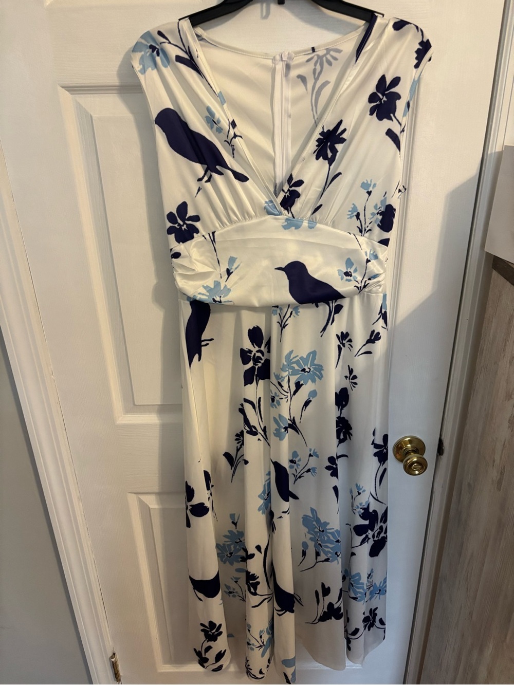 White Floral & Navy Bird V-Neck Women’s Dress